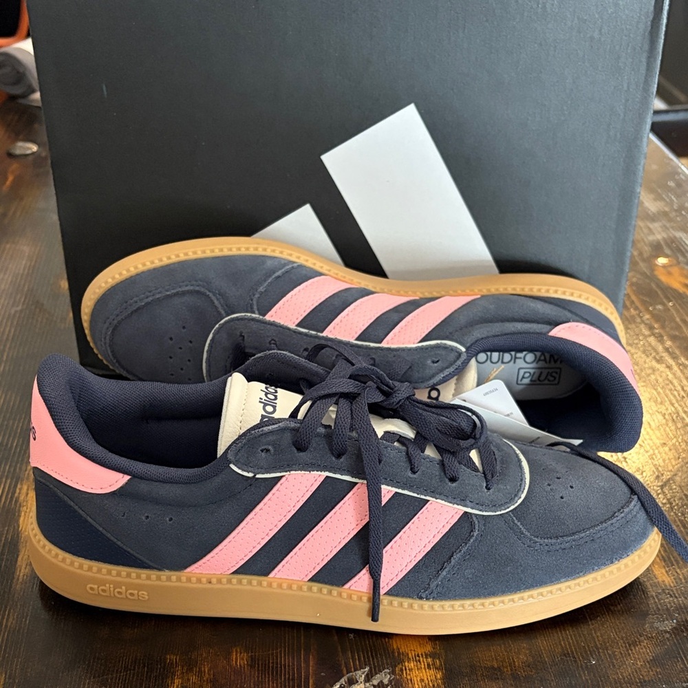 adidas Navy Suede Sneakers with Pink Stripes and Gum Sole